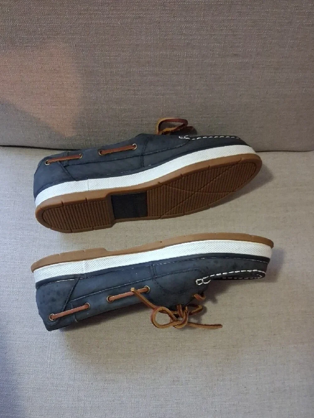 G.H. Bass & Co. Navy Leather Boat Shoes with Tan Laces